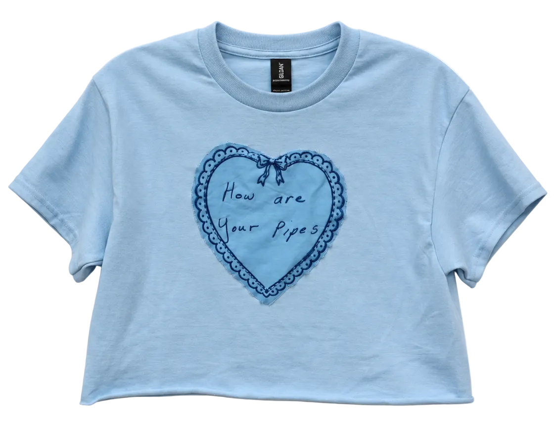 How Are Your Pipes? Crop - front view showing heart appliqué detail