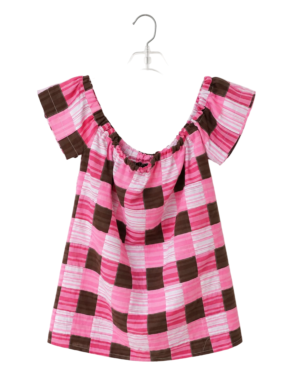 A pink and brown checkered short-sleeve top with a smocked neckline, hanging on a clear plastic hanger against a plain white background.