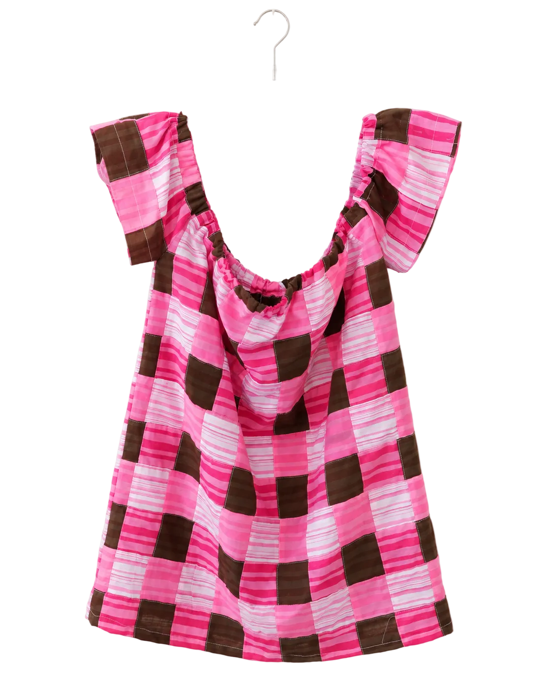 A pink and brown checkered top with ruffled cap sleeves, hanging on a white plastic hanger against a plain white wall.