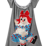 A gray short-sleeve babydoll nightgown featuring a large applique of a Raggedy Ann red-haired clown character with a red bow, blue polka-dot outfit, and black-and-white shoes.