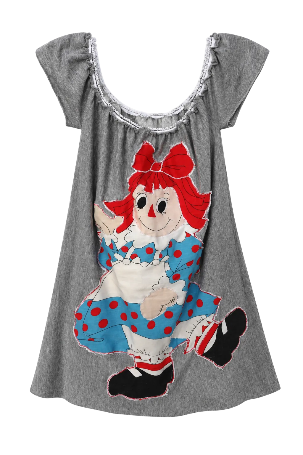 A gray short-sleeve babydoll nightgown featuring a large applique of a Raggedy Ann red-haired clown character with a red bow, blue polka-dot outfit, and black-and-white shoes.
