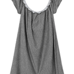 A gray short-sleeve babydoll nightgown with a scoop neckline trimmed in white lace, shown against a plain white background.