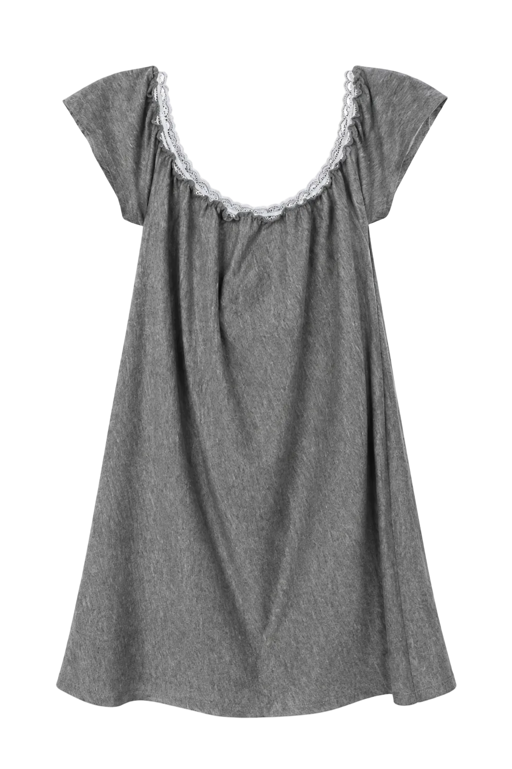 A gray short-sleeve babydoll nightgown with a scoop neckline trimmed in white lace, shown against a plain white background.