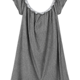 A gray short-sleeve babydoll nightgown with a scoop neckline trimmed in white lace, shown against a plain white background.