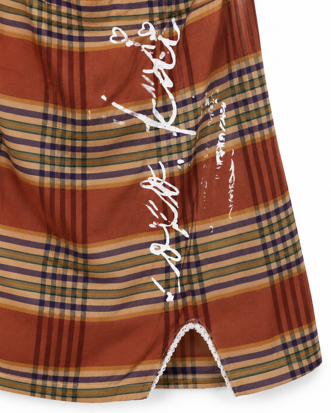 Rust Plaid Mini Dress - close up of front slit and lace trim detail