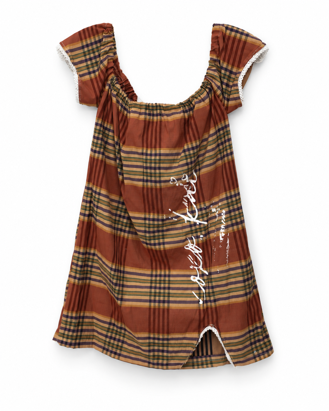 Rust Plaid Mini Dress - front view with hand-painted graphic detail