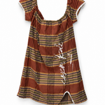 Rust Plaid Mini Dress - front view with hand-painted graphic detail