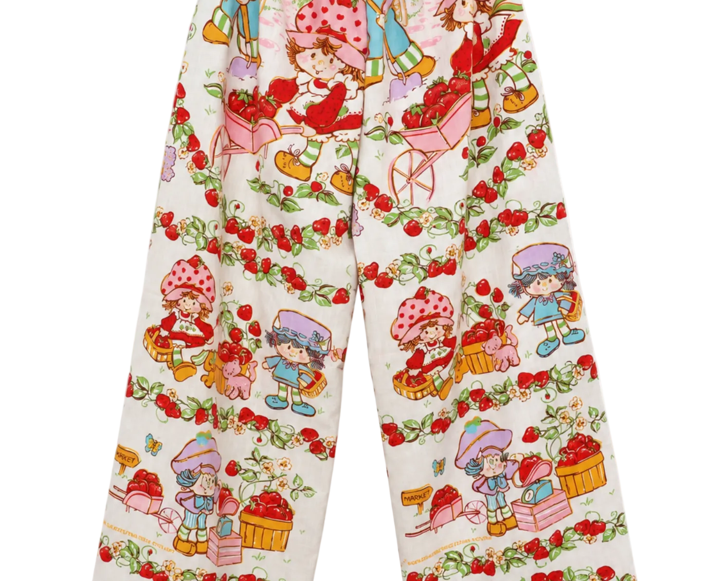 A pair of Strawberry Shortcake  1983 wide-leg pants featuring an all-over Strawberry Shortcake character print on a white background, shown flat against a white studio background.