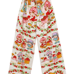 A pair of Strawberry Shortcake  1983 wide-leg pants featuring an all-over Strawberry Shortcake character print on a white background, shown flat against a white studio background.