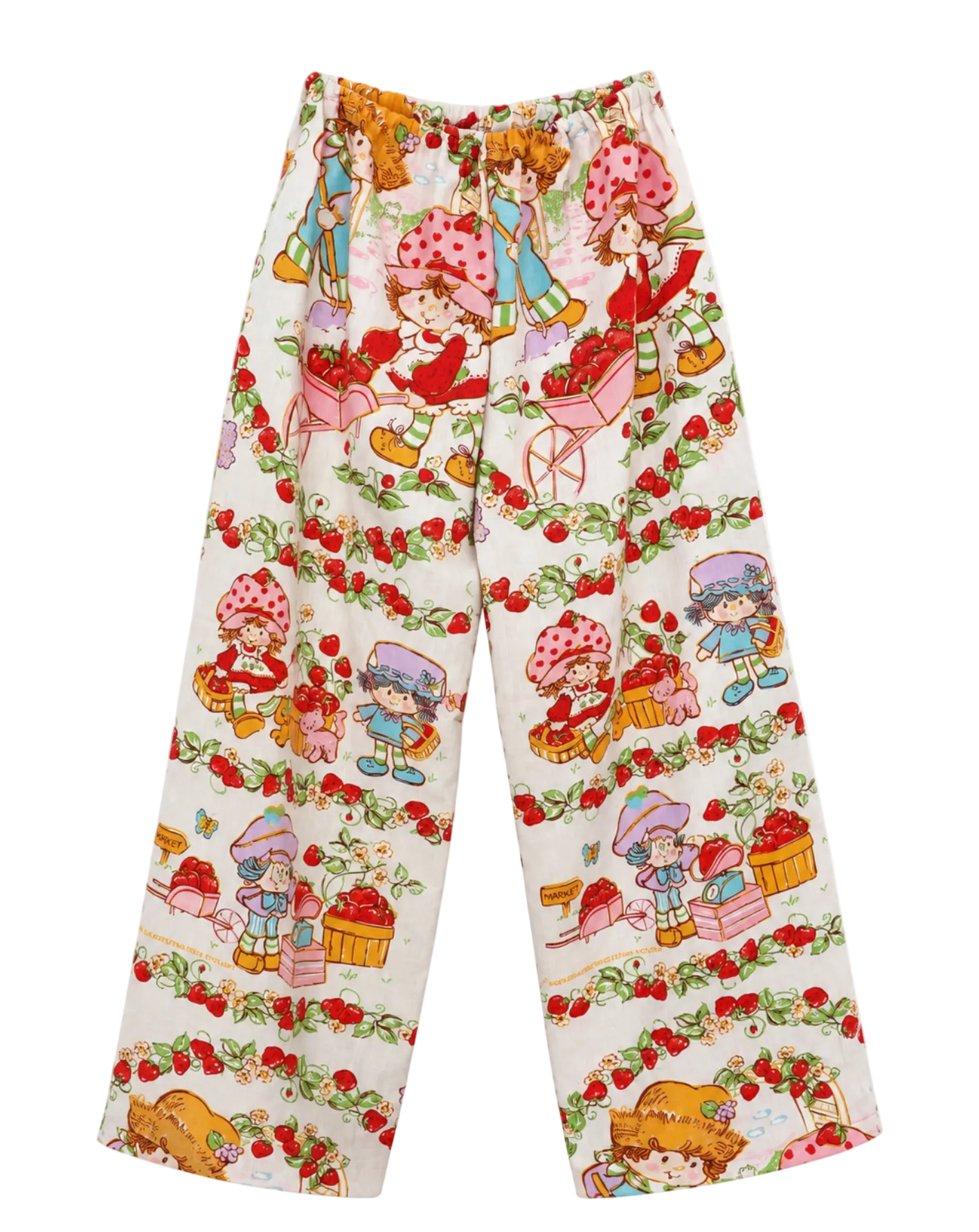 A pair of Strawberry Shortcake  1983 wide-leg pants featuring an all-over Strawberry Shortcake character print on a white background, shown flat against a white studio background.