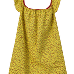 A yellow off-the-shoulder dress with a small red and green floral pattern, featuring a red inner trim and a white lace hem, shown against a plain white background.