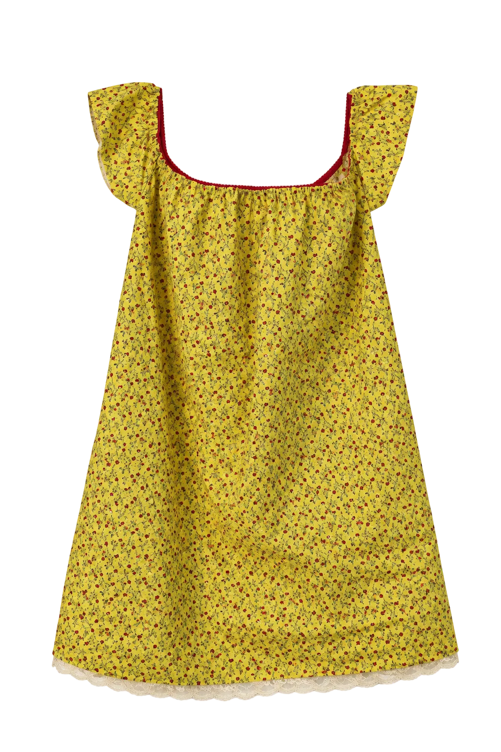A yellow off-the-shoulder dress with a small red and green floral pattern, featuring a red inner trim and a white lace hem, shown against a plain white background.