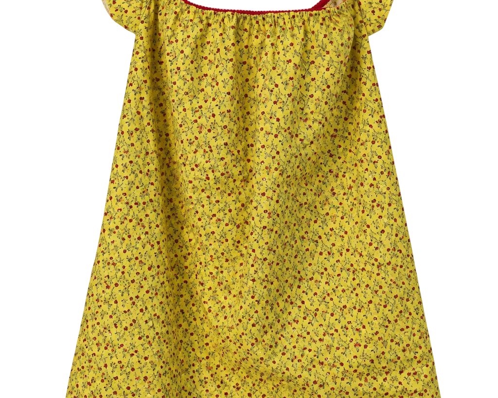 A yellow off-the-shoulder dress with a small red and green floral pattern, featuring a red inner trim and a white lace hem, shown against a plain white background.