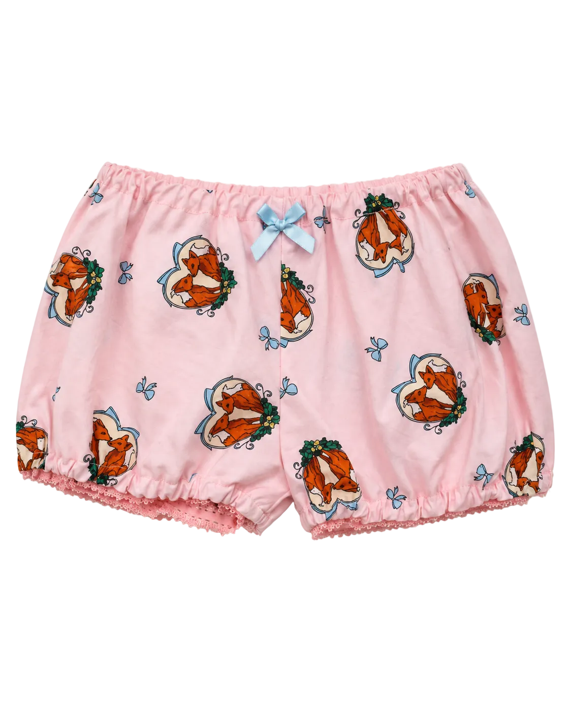 The Foxy Heart Bloomers - front view showing fox print, blue bow, and pink lace trim