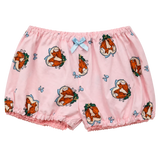 The Foxy Heart Bloomers - front view showing fox print, blue bow, and pink lace trim