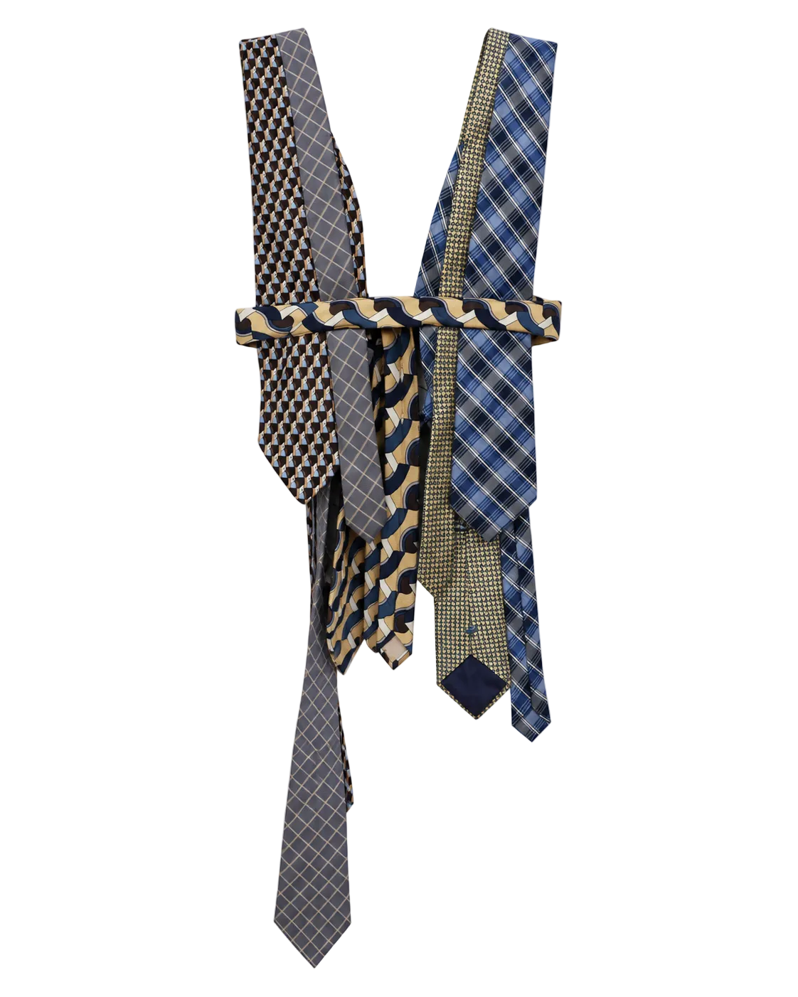 Tie Vest - front view showing mixed necktie panels and waist wrap