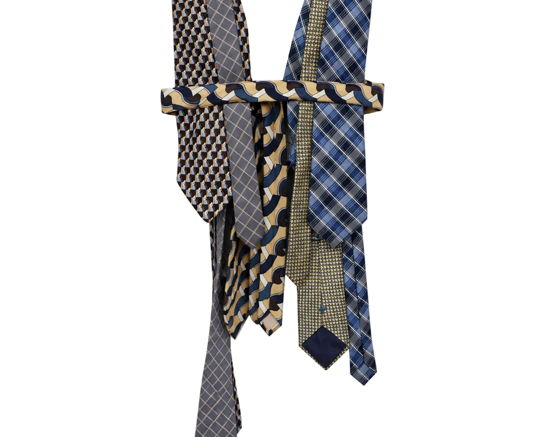 Tie Vest - front view showing mixed necktie panels and waist wrap
