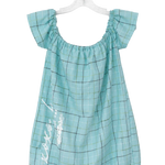 A light blue-green plaid baby dress with ruffled off-the-shoulder sleeves and white script embroidery on the front, hanging on a clear plastic hanger against a white background.