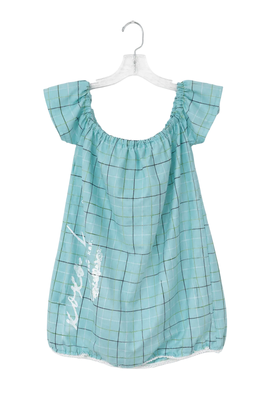 A light blue-green plaid baby dress with ruffled off-the-shoulder sleeves and white script embroidery on the front, hanging on a clear plastic hanger against a white background.