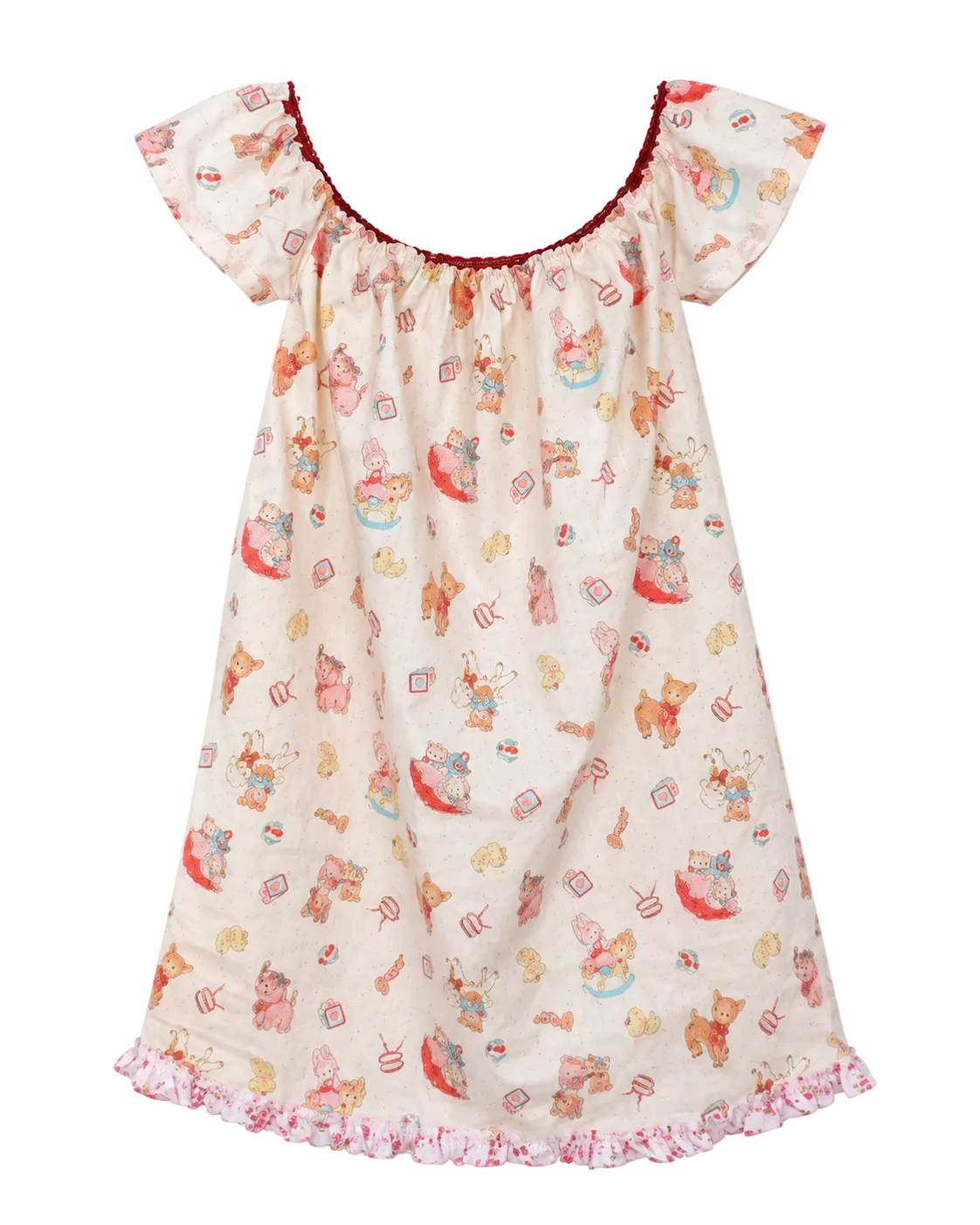 A baby girl's short-sleeve nightgown with a cream-colored base, featuring a playful print of teddy bears, cupcakes, and sweets in red, orange, and blue. It has a ruffled neckline with a thin red trim and a matching ruffled hem.
