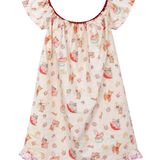 A baby girl's short-sleeve nightgown with a cream-colored base, featuring a playful print of teddy bears, cupcakes, and sweets in red, orange, and blue. It has a ruffled neckline with a thin red trim and a matching ruffled hem.